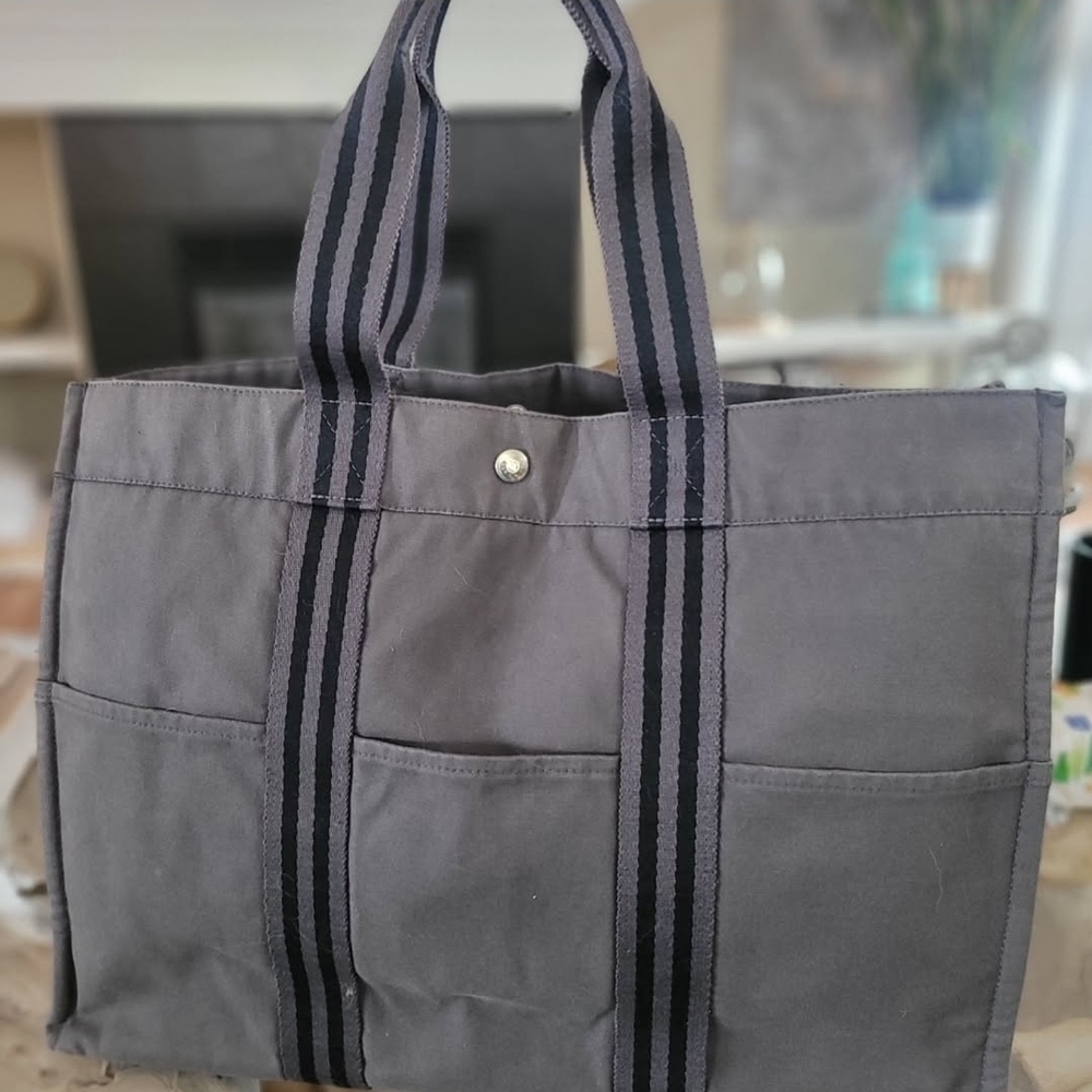 Hermes Gray Canvas Tote with Striped Webbing